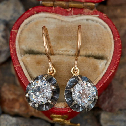 ANTIQUE EARRINGS LATE-VICTORIAN OLD EURO DIAMOND DANGLES 14K YELLOW GOLD / STERLING SILVER