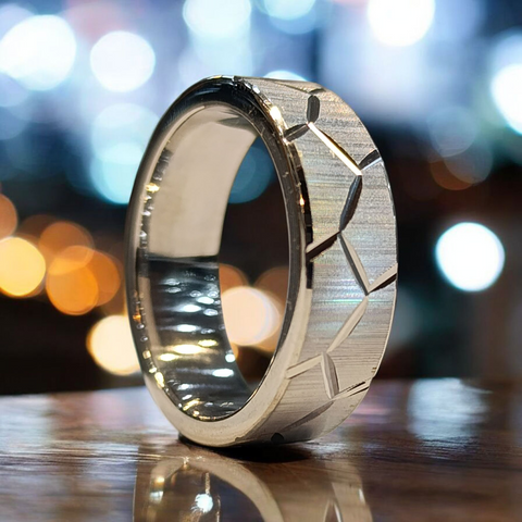 925 Silver Laser-Cut Geometric Men’s Band – Rhodium Plated