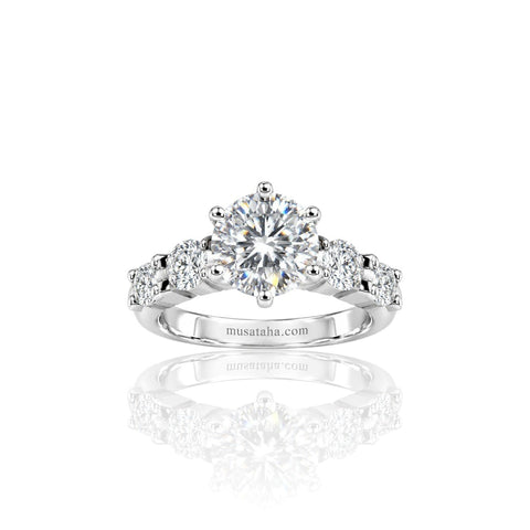 3 Carat Round Moissanite Engagement Ring, GRA Certified D VVS1 Solitaire with Side Stones in Rhodium-Plated Silver.