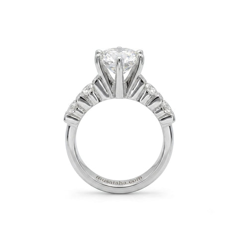 3 Carat Round Moissanite Engagement Ring, GRA Certified D VVS1 Solitaire with Side Stones in Rhodium-Plated Silver.