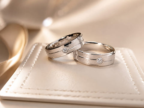 Matching Moissanite Couple Bands | Brushed Finish Solitaire Promise Rings