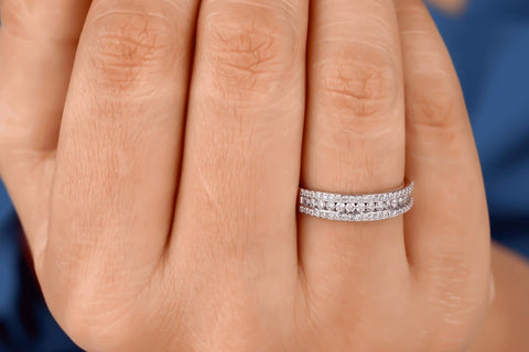 1.00 CTW Round Cut Moissanite Triple Row Band in Rhodium Plated Sterling Silver