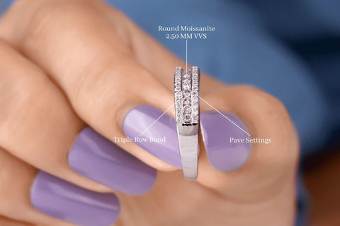 1.00 CTW Round Cut Moissanite Triple Row Band in Rhodium Plated Sterling Silver