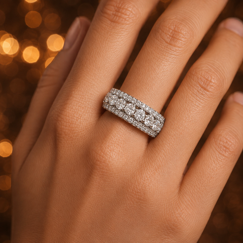 4.00 CTW Round Cut Moissanite Triple Row Eternity Band in Rhodium Plated Sterling Silver