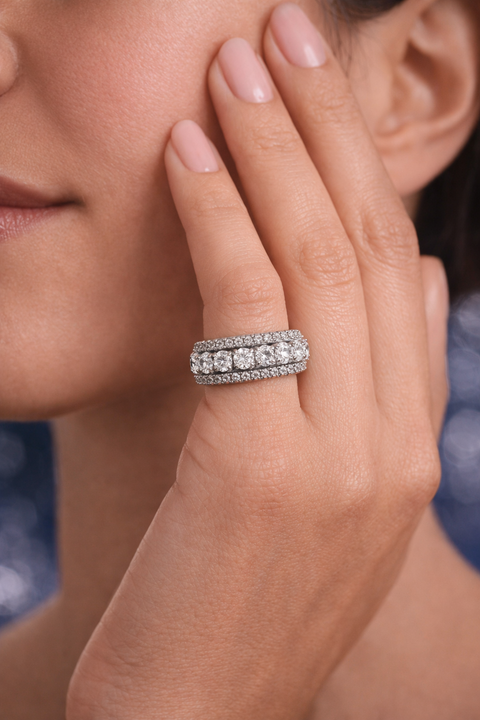 4.00 CTW Round Cut Moissanite Triple Row Eternity Band in Rhodium Plated Sterling Silver