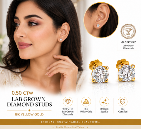 0.50 CTW IGI Certified Lab Grown Diamond Stud Earrings in 18K Yellow Gold