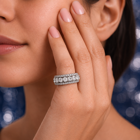 4.00 CTW Round Cut Moissanite Triple Row Eternity Band in Rhodium Plated Sterling Silver