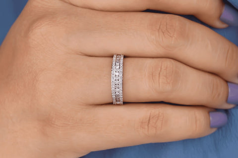 1.00 CTW Round Cut Moissanite Triple Row Band in Rhodium Plated Sterling Silver