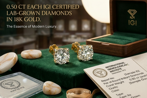 0.50 CTW IGI Certified Lab Grown Diamond Stud Earrings in 18K Yellow Gold