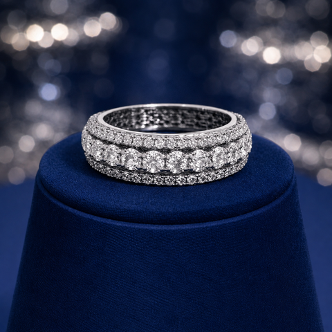 4.00 CTW Round Cut Moissanite Triple Row Eternity Band in Rhodium Plated Sterling Silver