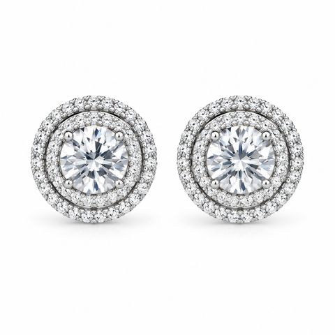 2 CT Round Brilliant Moissanite Double Halo Stud Earrings | D-Color VVS1 Fine Jewelry
