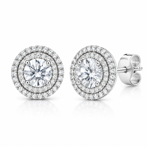 2 CT Round Brilliant Moissanite Double Halo Stud Earrings | D-Color VVS1 Fine Jewelry