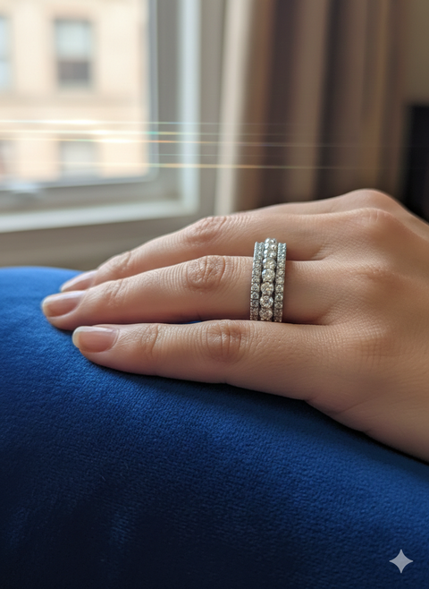 4.00 CTW Round Cut Moissanite Triple Row Eternity Band in Rhodium Plated Sterling Silver